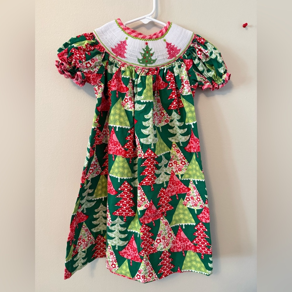 Claire & Charlie Smocked Festive Green and Red Christmas Tree Dress